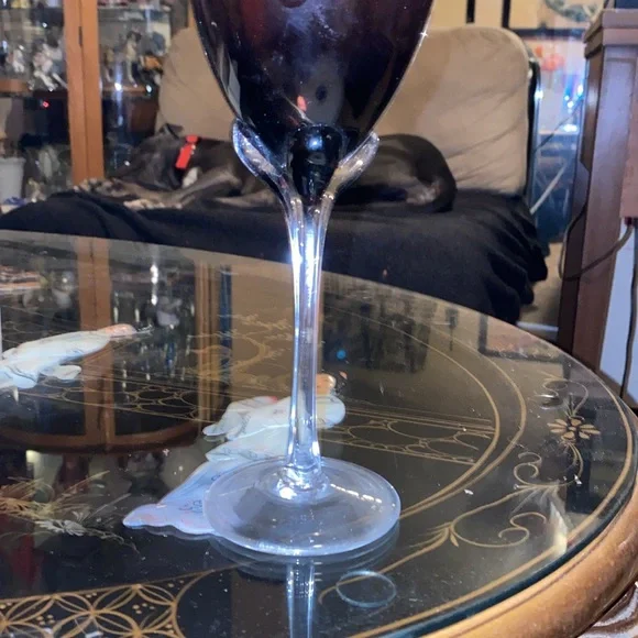 Murano Art Glass Hand Blown Clear Ribbed Stem Tall 9.75”Fine Wine Glass purple - Picture 2 of 4